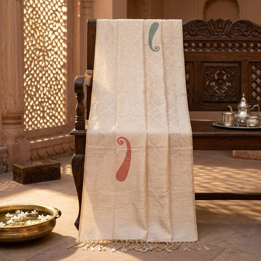Sanskriti Vintage Dupatta/Stole Off-White Blend Silk Hand Woven Premium SoftVeil