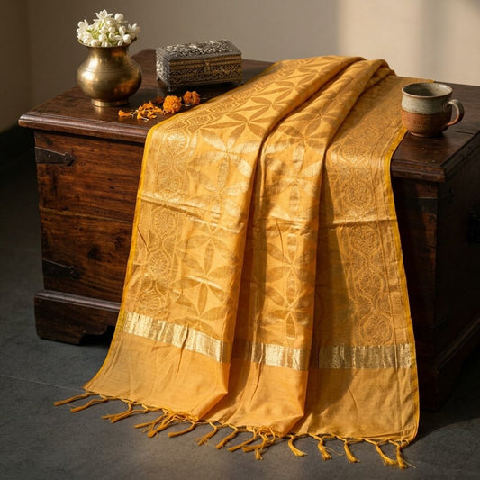 Sanskriti Vintage Dupatta/Stole Yellow Blend Silk Zari Woven Maheshwari SoftVeil