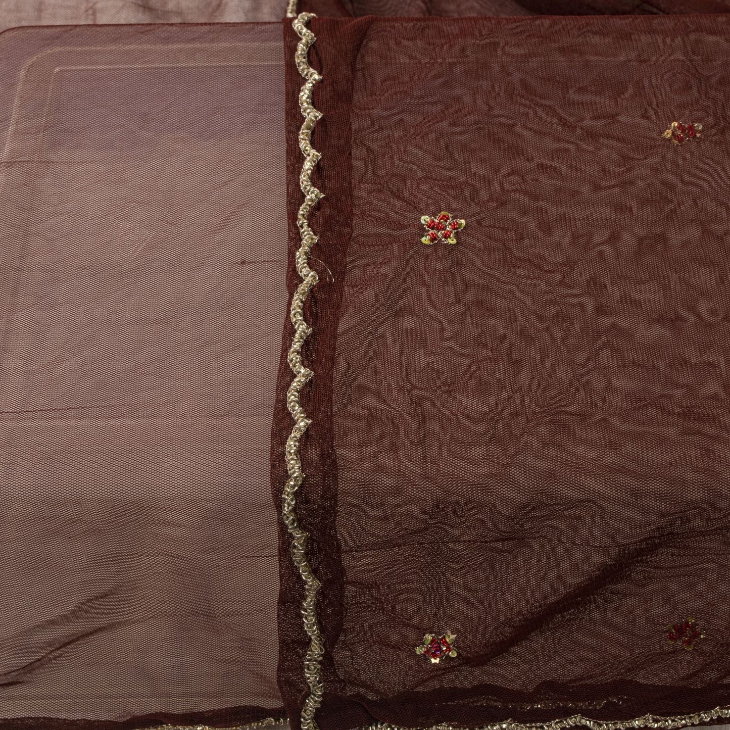 Sanskriti Vintage Dupatta/Stole Brown Net Hand Embroidered Zardozi Wedding Veil