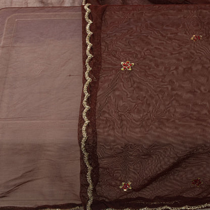 Sanskriti Vintage Dupatta/Stole Brown Net Hand Embroidered Zardozi Wedding Veil