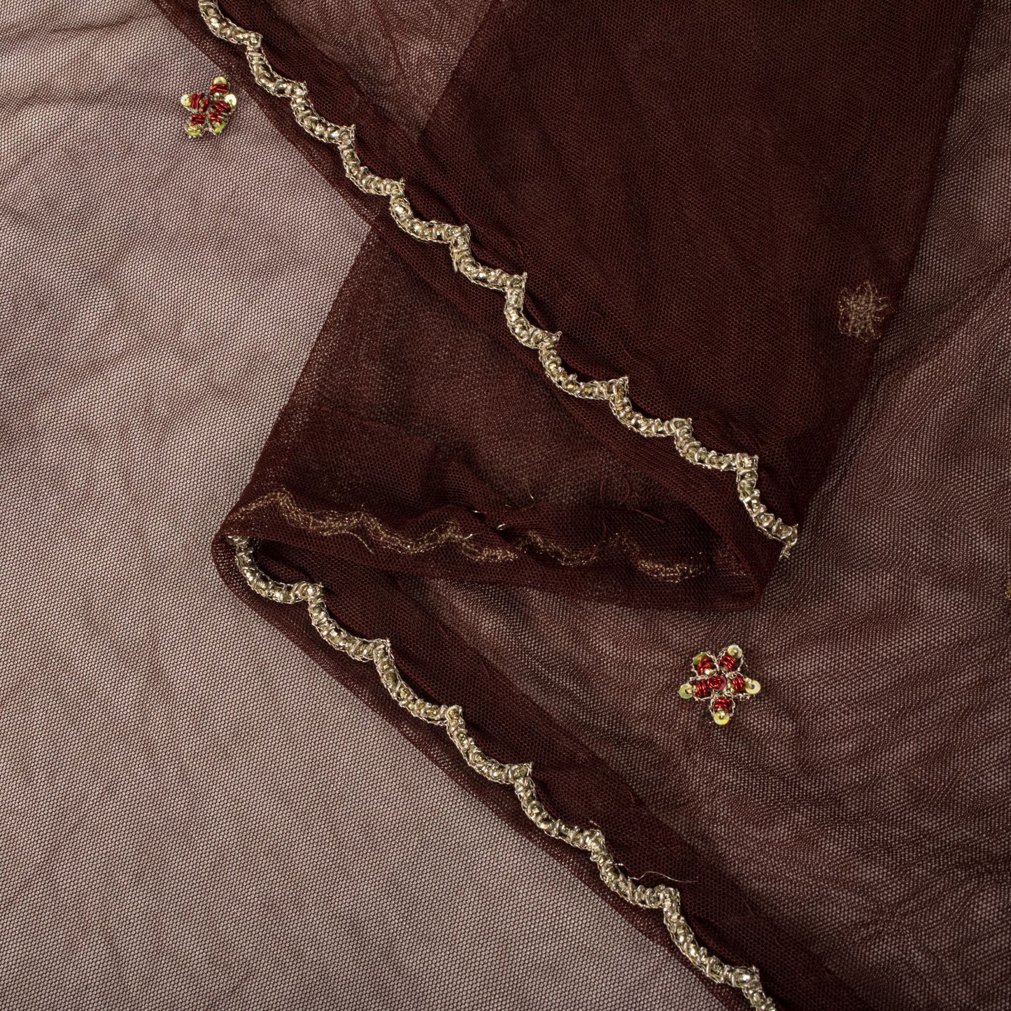 Sanskriti Vintage Dupatta/Stole Brown Net Hand Embroidered Zardozi Wedding Veil