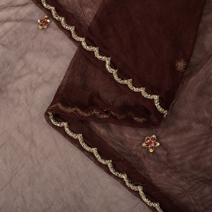 Sanskriti Vintage Dupatta/Stole Brown Net Hand Embroidered Zardozi Wedding Veil