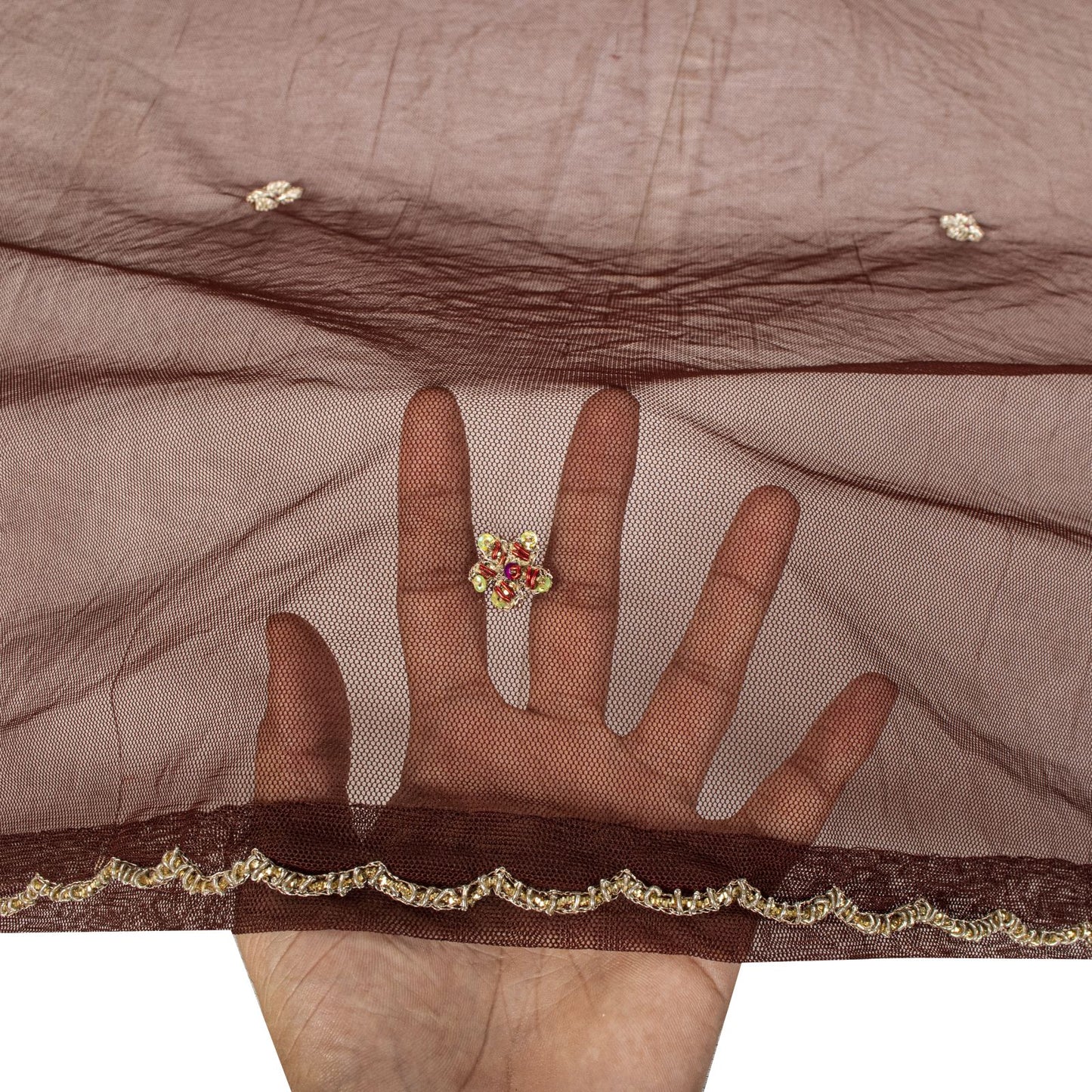 Sanskriti Vintage Dupatta/Stole Brown Net Hand Embroidered Zardozi Wedding Veil