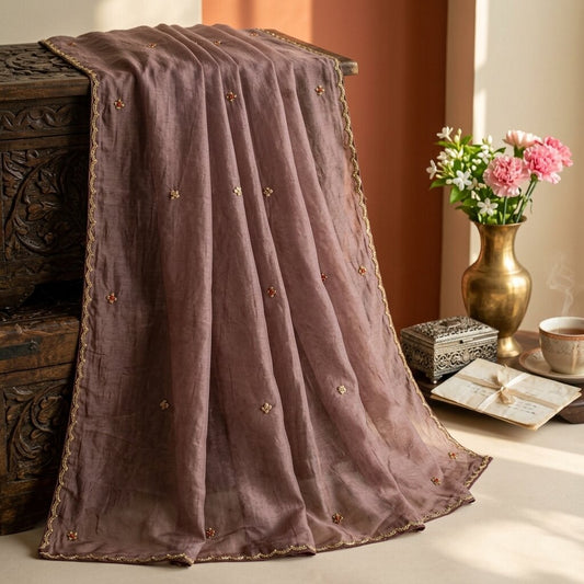 Sanskriti Vintage Dupatta/Stole Brown Net Hand Embroidered Zardozi Wedding Veil