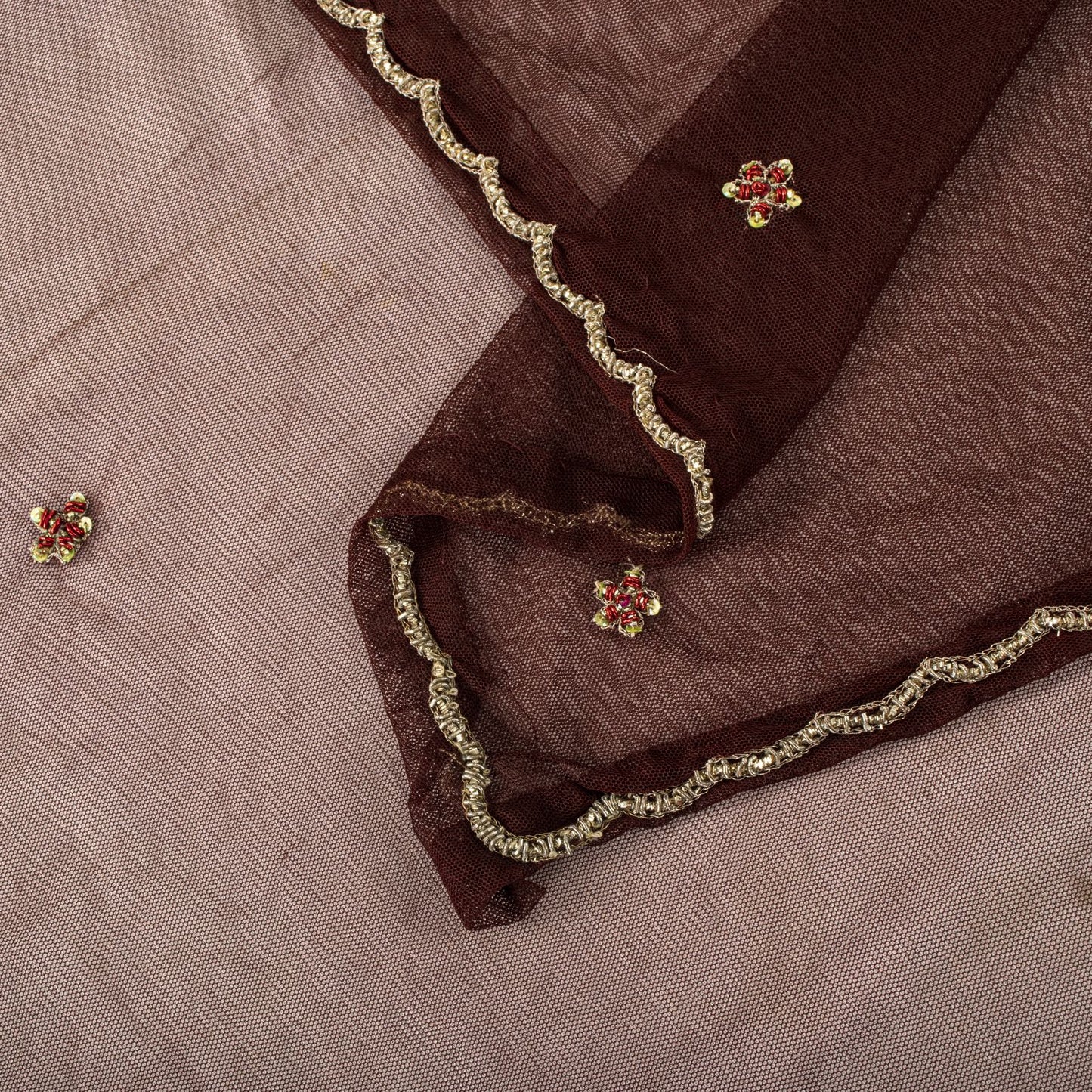 Sanskriti Vintage Dupatta/Stole Brown Net Hand Embroidered Zardozi Wedding Veil