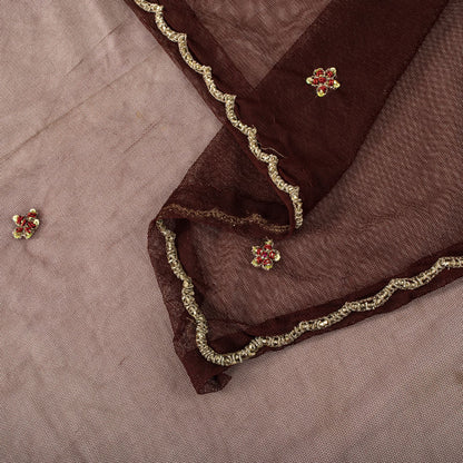 Sanskriti Vintage Dupatta/Stole Brown Net Hand Embroidered Zardozi Wedding Veil