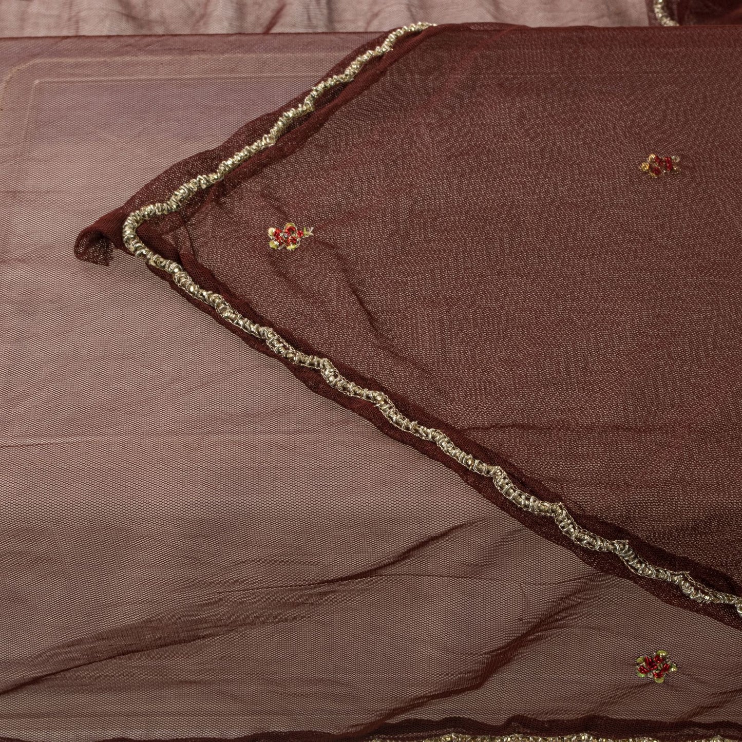Sanskriti Vintage Dupatta/Stole Brown Net Hand Embroidered Zardozi Wedding Veil