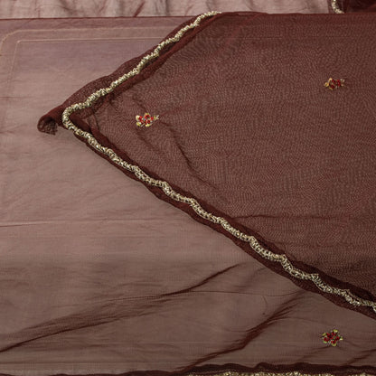 Sanskriti Vintage Dupatta/Stole Brown Net Hand Embroidered Zardozi Wedding Veil