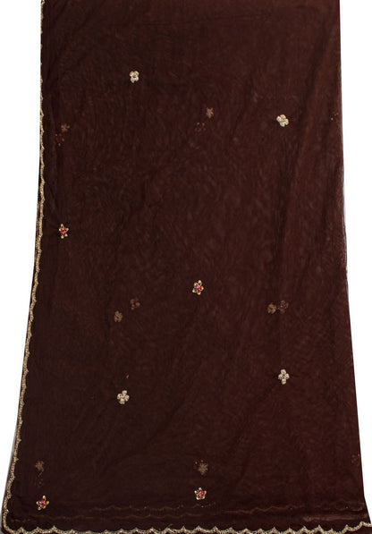 Sanskriti Vintage Dupatta/Stole Brown Net Hand Embroidered Zardozi Wedding Veil