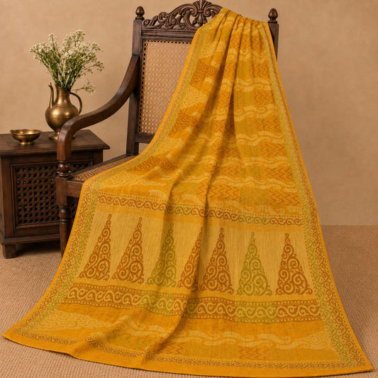 Sanskriti Vintage Tant Jacqauad Woven Pure Silk Saree Yellow Sari Craft Fabric