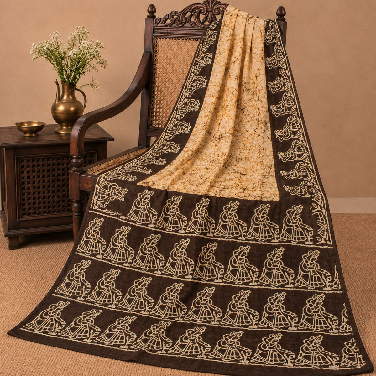 Sanskriti Vintage Batik Work Abstract-Women Pure Silk Saree Ivory-Brown 4Yd Sari