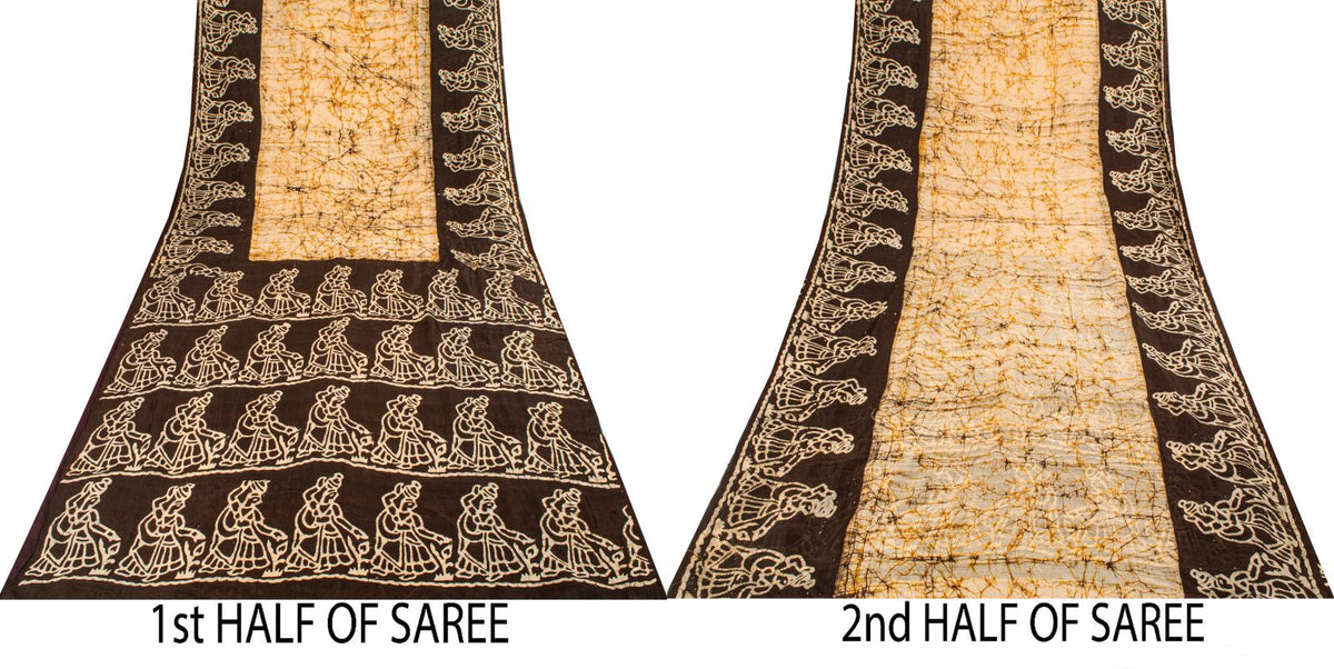 Sanskriti Vintage Batik Work Abstract-Women Pure Silk Saree Ivory-Brown 4Yd Sari