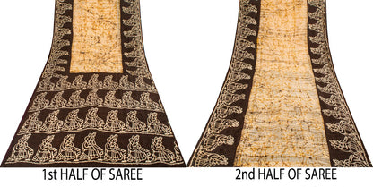 Sanskriti Vintage Batik Work Abstract-Women Pure Silk Saree Ivory-Brown 4Yd Sari