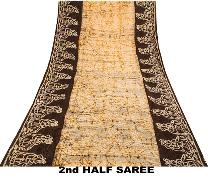 Sanskriti Vintage Batik Work Abstract-Women Pure Silk Saree Ivory-Brown 4Yd Sari
