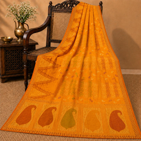 Sanskriti Vintage Tant Jacqauard Woven Pure Silk Saree Yellow Sari Craft Fabric