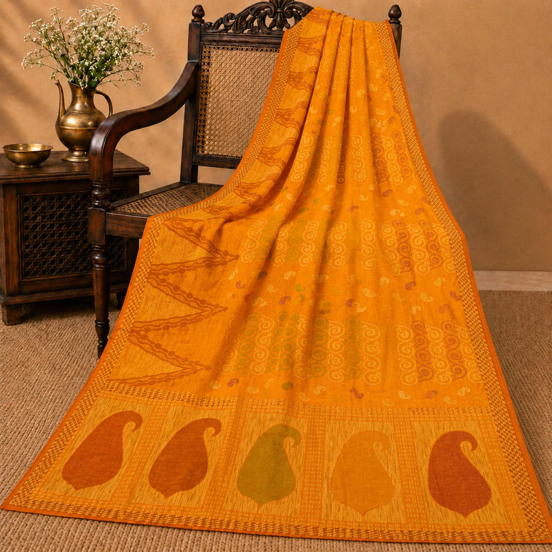 Sanskriti Vintage Tant Jacqauard Woven Pure Silk Saree Yellow Sari Craft Fabric