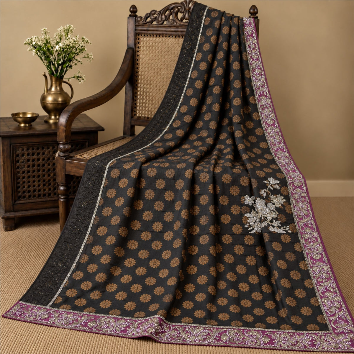Hand Beaded-Woven Pure Georgette Silk Vintage Saree Black Wedding Partywear Blouse Piece Sari 6 Yd Craft Fabric Dress Making, By KreatvKraft