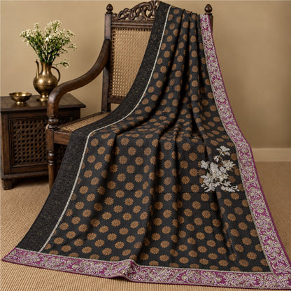 Hand Beaded-Woven Pure Georgette Silk Vintage Saree Black Wedding Partywear Blouse Piece Sari 6 Yd Craft Fabric Dress Making, By KreatvKraft