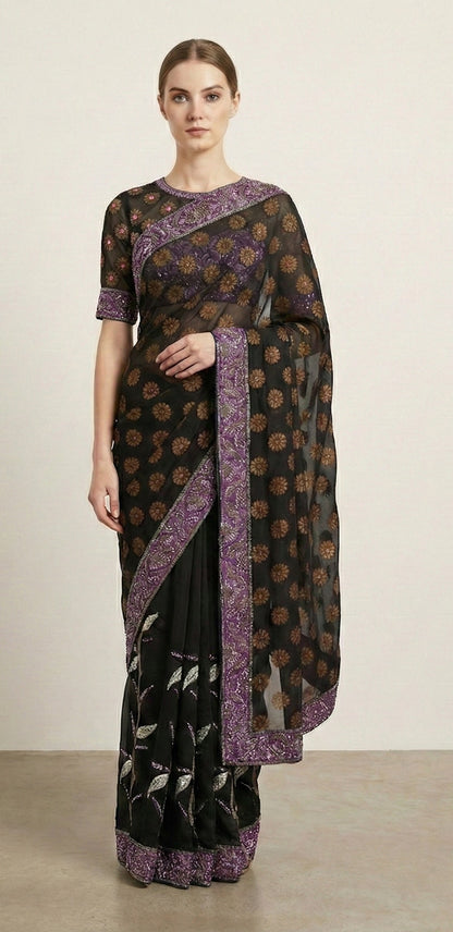 Hand Beaded-Woven Pure Georgette Silk Vintage Saree Black Wedding Partywear Blouse Piece Sari 6 Yd Craft Fabric Dress Making, By KreatvKraft