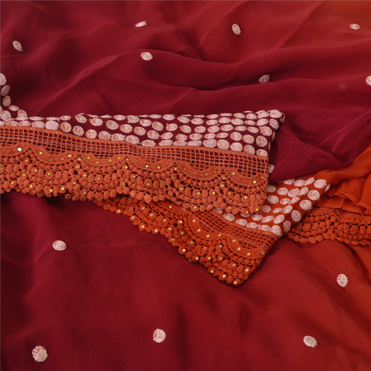 Embroidered Pure Georgette Silk Vintage Saree Red Wedding Partywear Sari 5 Yard Craft Fabric Sewing Indian Textile Heritage By KreatvKraft