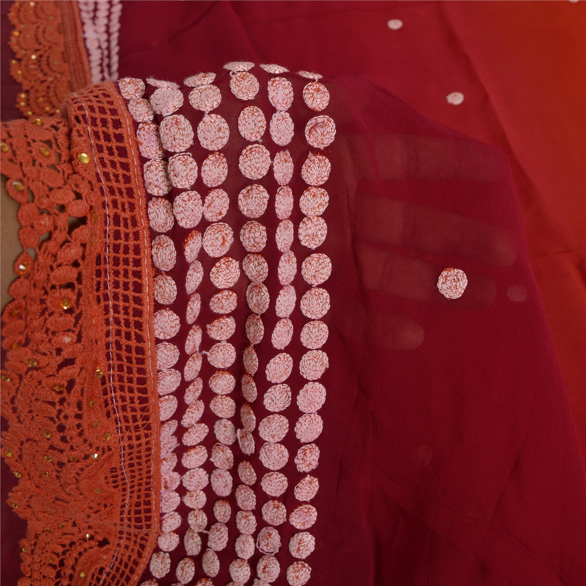 Embroidered Pure Georgette Silk Vintage Saree Red Wedding Partywear Sari 5 Yard Craft Fabric Sewing Indian Textile Heritage By KreatvKraft