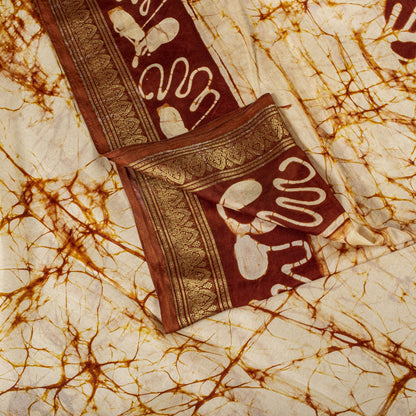 Sanskriti Vintage Batik Work-Zari Border Pure Silk Saree White-Brown Sari Fabric