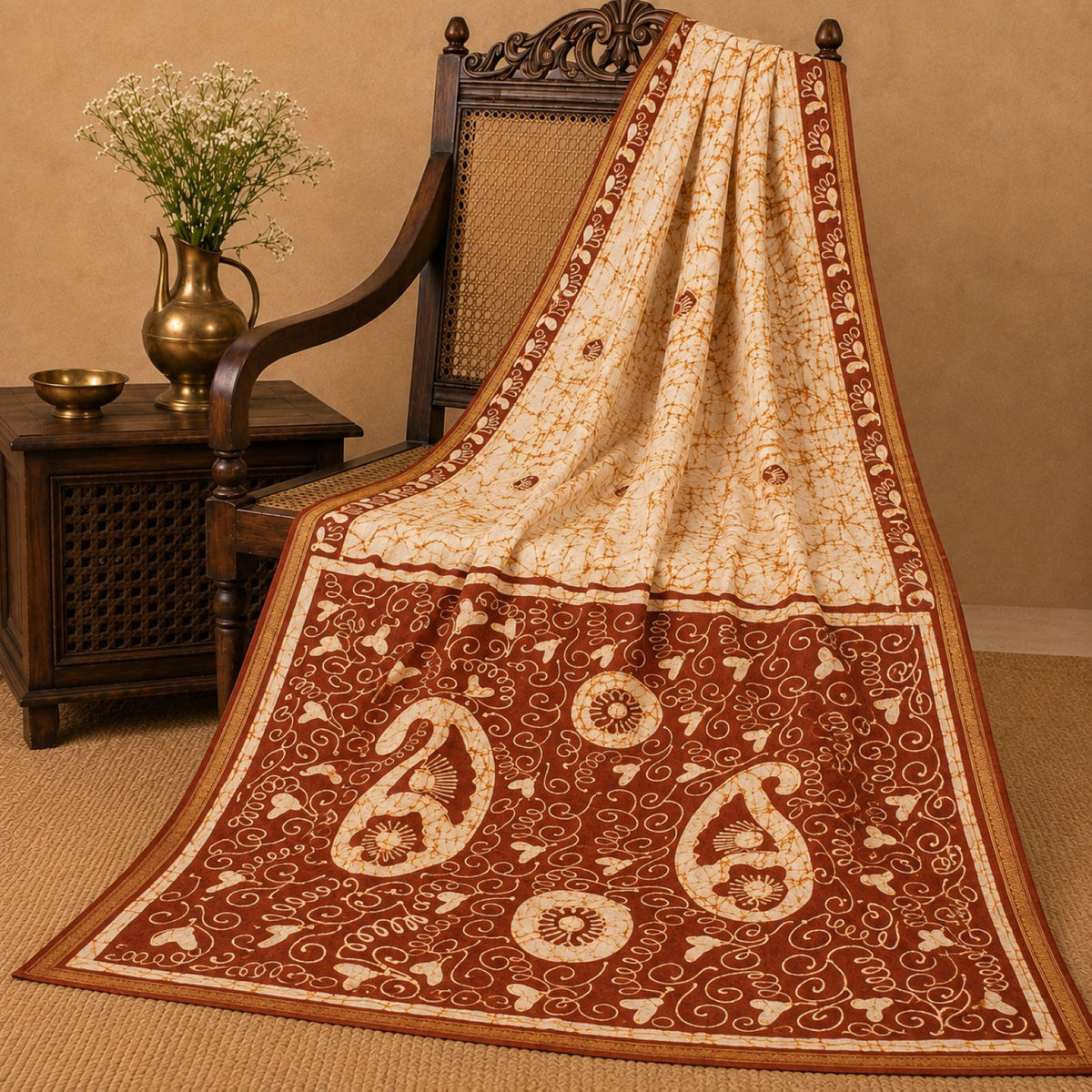 Sanskriti Vintage Batik Work-Zari Border Pure Silk Saree White-Brown Sari Fabric