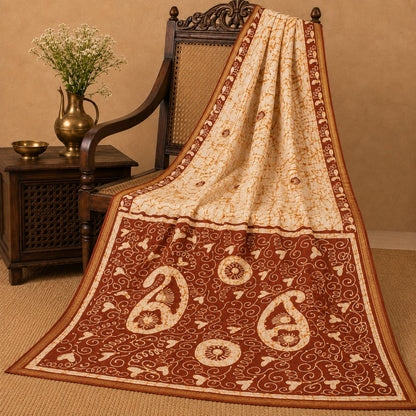 Sanskriti Vintage Batik Work-Zari Border Pure Silk Saree White-Brown Sari Fabric