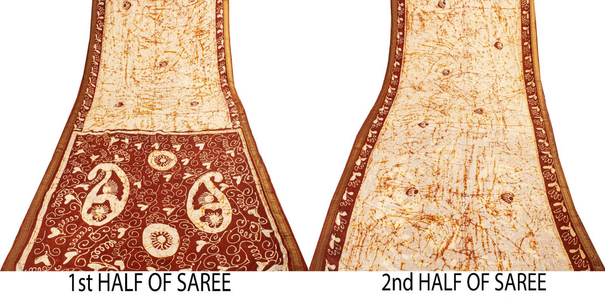 Sanskriti Vintage Batik Work-Zari Border Pure Silk Saree White-Brown Sari Fabric