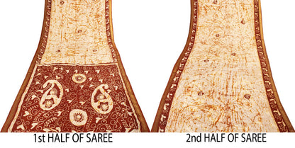 Sanskriti Vintage Batik Work-Zari Border Pure Silk Saree White-Brown Sari Fabric