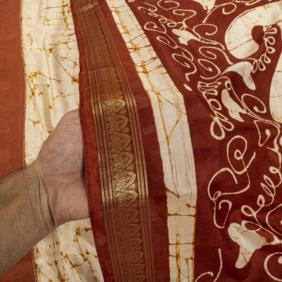 Sanskriti Vintage Batik Work-Zari Border Pure Silk Saree White-Brown Sari Fabric