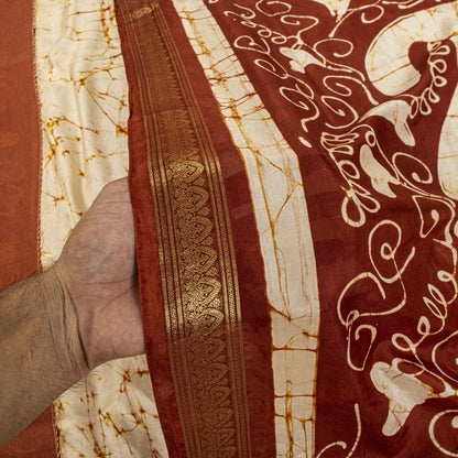 Sanskriti Vintage Batik Work-Zari Border Pure Silk Saree White-Brown Sari Fabric