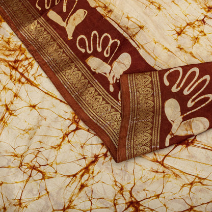Sanskriti Vintage Batik Work-Zari Border Pure Silk Saree White-Brown Sari Fabric