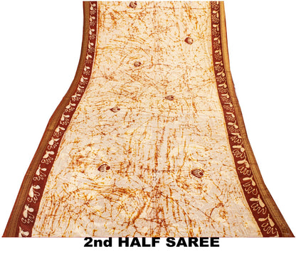 Sanskriti Vintage Batik Work-Zari Border Pure Silk Saree White-Brown Sari Fabric