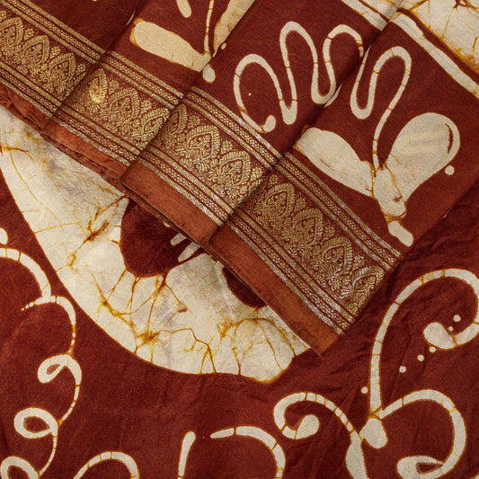 Sanskriti Vintage Batik Work-Zari Border Pure Silk Saree White-Brown Sari Fabric