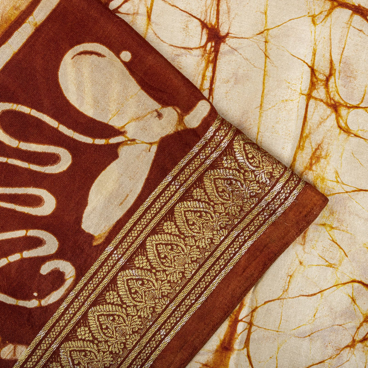 Sanskriti Vintage Batik Work-Zari Border Pure Silk Saree White-Brown Sari Fabric