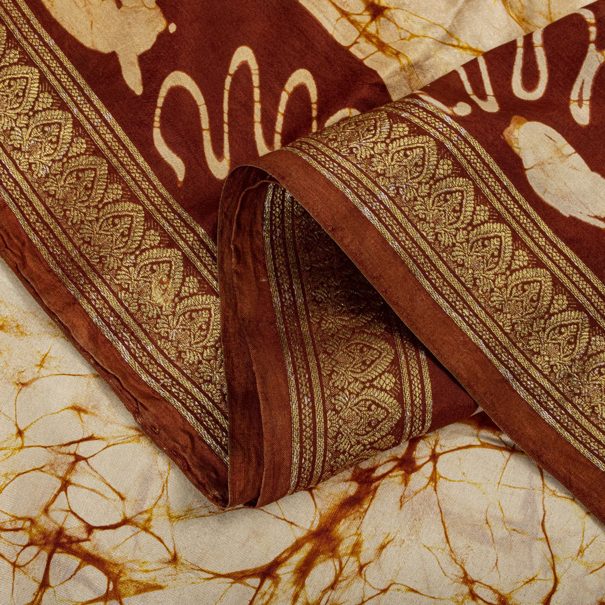 Sanskriti Vintage Batik Work-Zari Border Pure Silk Saree White-Brown Sari Fabric