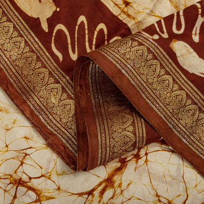Sanskriti Vintage Batik Work-Zari Border Pure Silk Saree White-Brown Sari Fabric