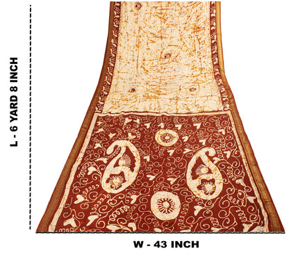 Sanskriti Vintage Batik Work-Zari Border Pure Silk Saree White-Brown Sari Fabric