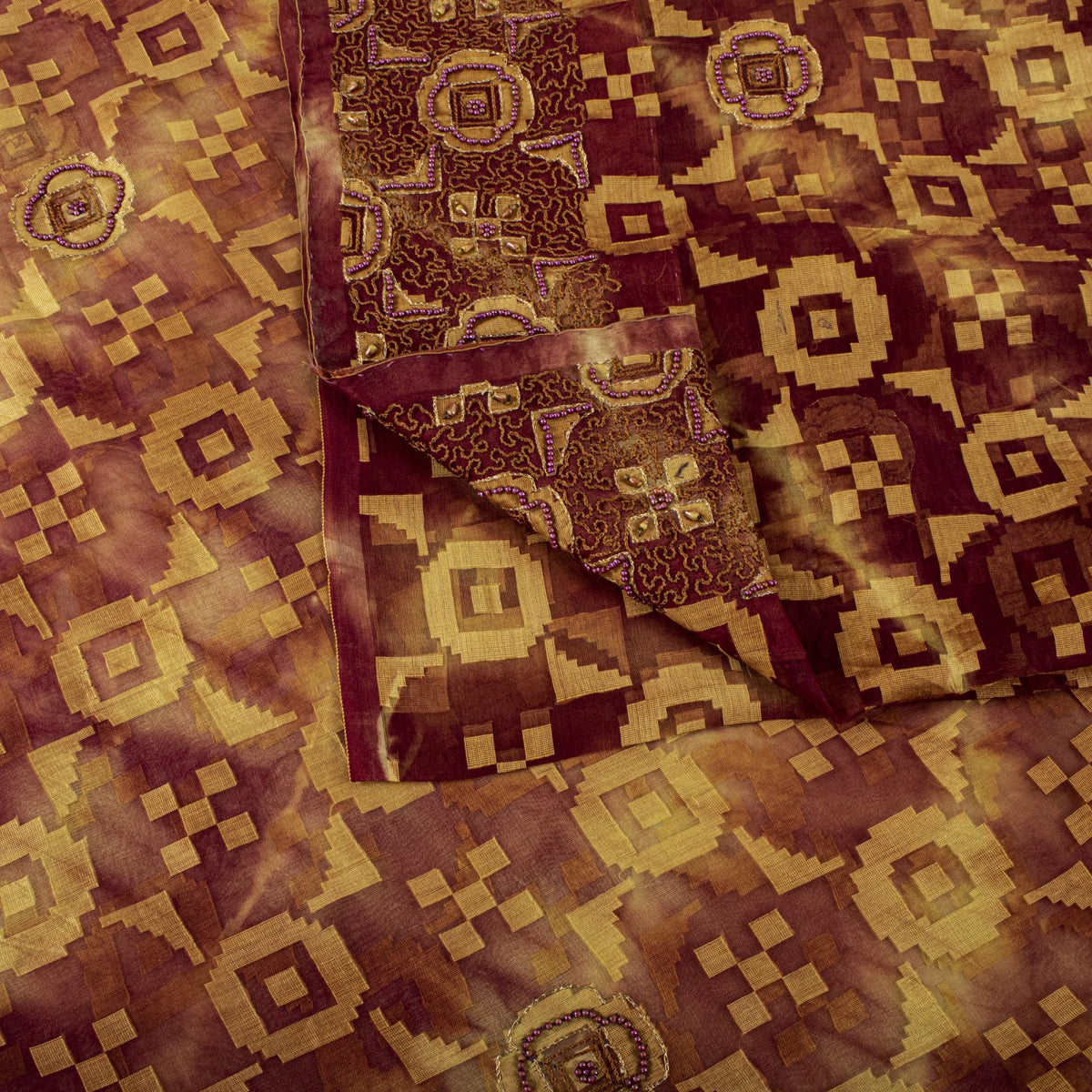 Sanskriti Vintage Hand Beaded-Woven Pure Organza Saree Maroon Sari Craft Fabric