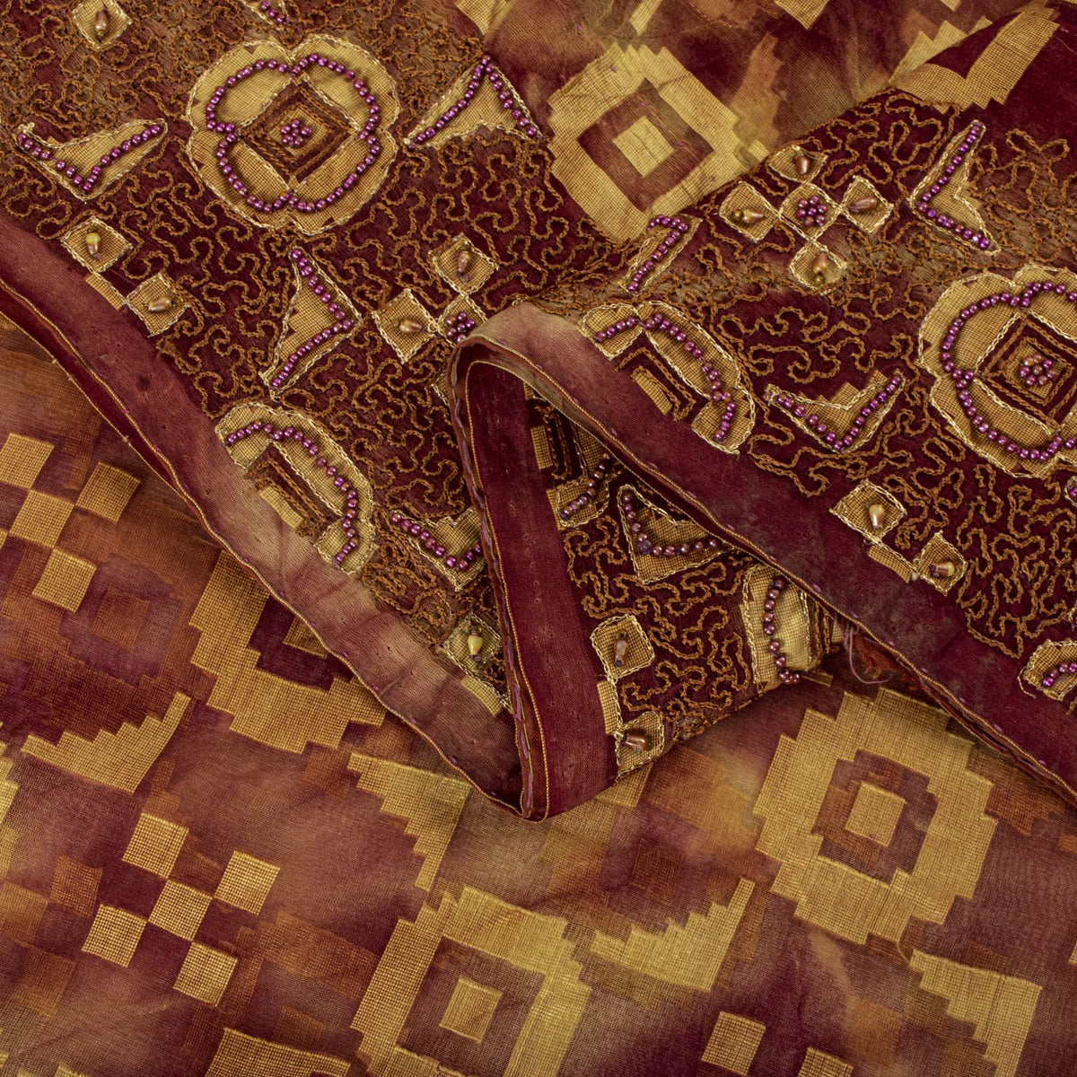 Sanskriti Vintage Hand Beaded-Woven Pure Organza Saree Maroon Sari Craft Fabric