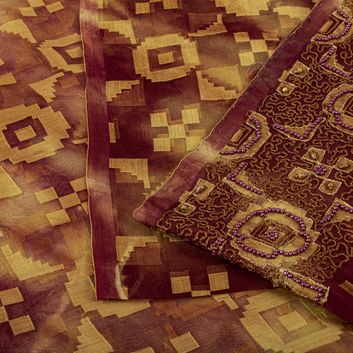 Sanskriti Vintage Hand Beaded-Woven Pure Organza Saree Maroon Sari Craft Fabric