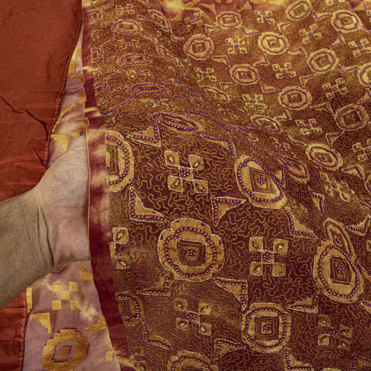 Sanskriti Vintage Hand Beaded-Woven Pure Organza Saree Maroon Sari Craft Fabric