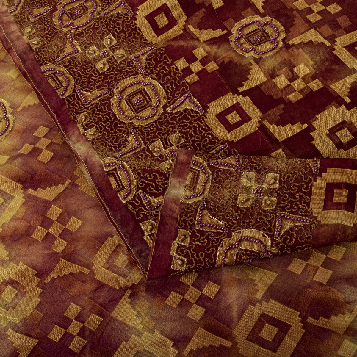 Sanskriti Vintage Hand Beaded-Woven Pure Organza Saree Maroon Sari Craft Fabric