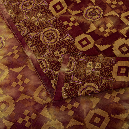 Sanskriti Vintage Hand Beaded-Woven Pure Organza Saree Maroon Sari Craft Fabric