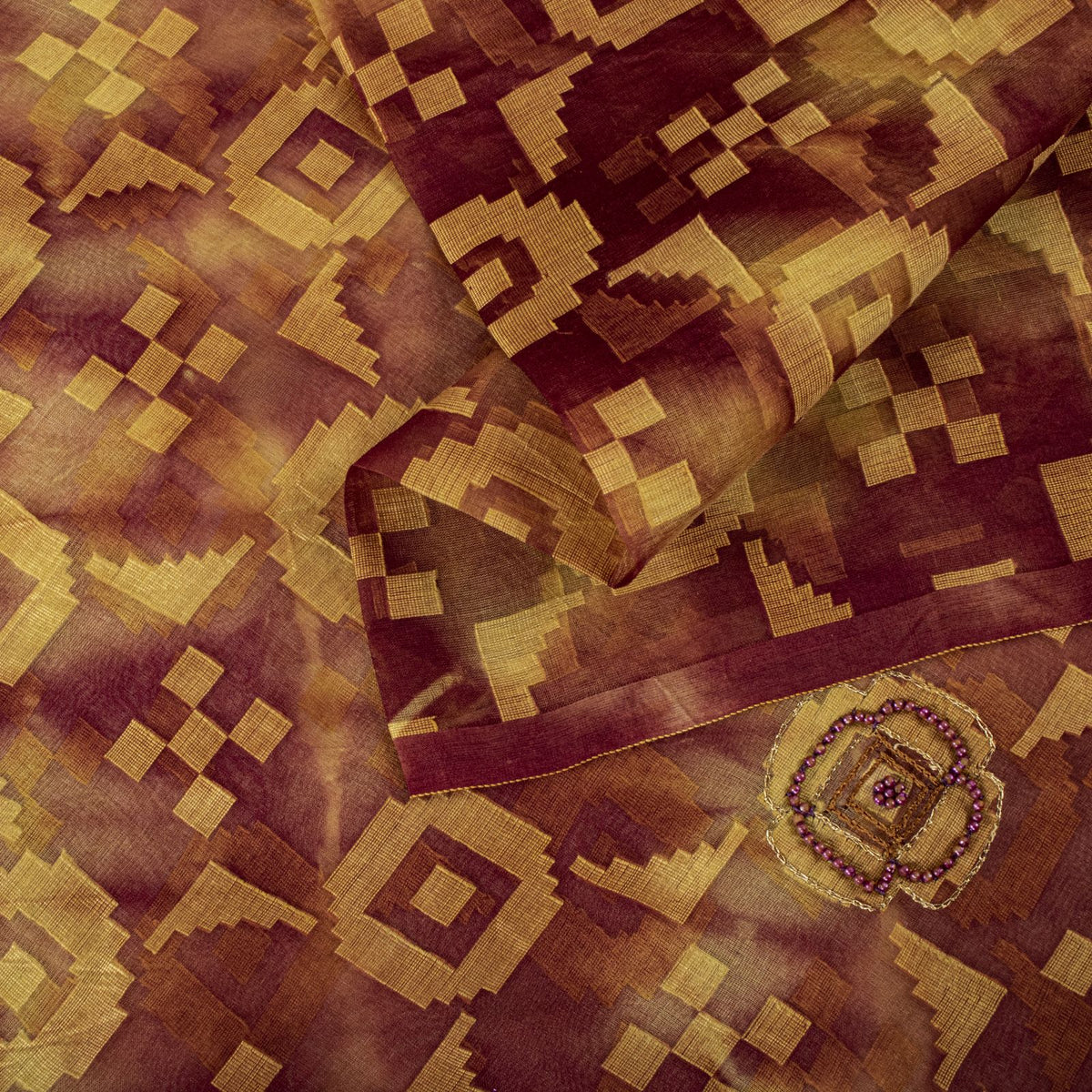 Sanskriti Vintage Hand Beaded-Woven Pure Organza Saree Maroon Sari Craft Fabric