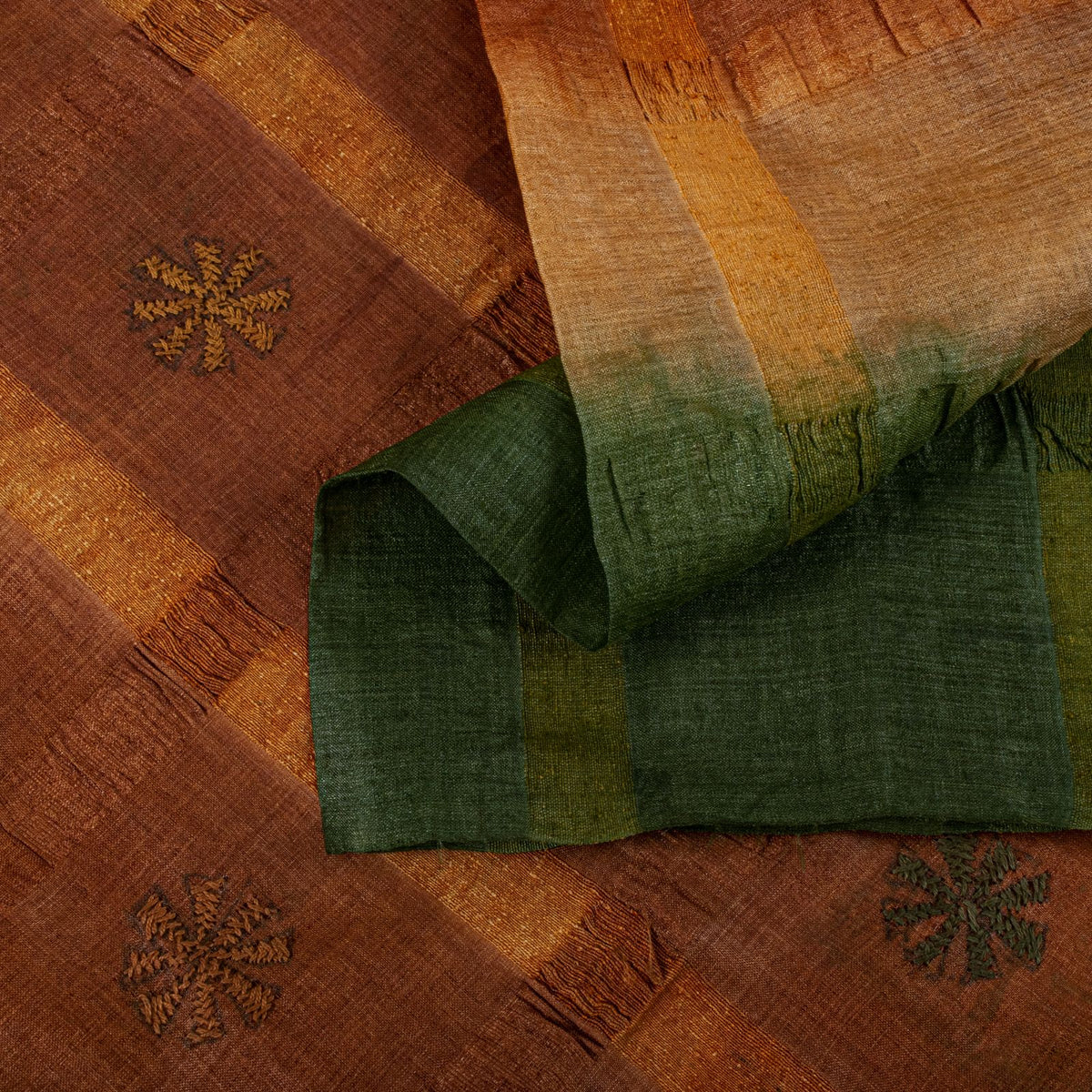Sanskriti Vintage Hand Embroidery Kantha-Woven Pure Silk Saree Orange-Green Sari