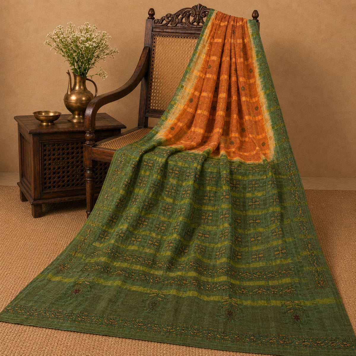 Sanskriti Vintage Hand Embroidery Kantha-Woven Pure Silk Saree Orange-Green Sari