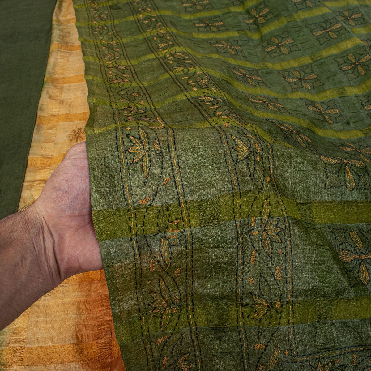 Sanskriti Vintage Hand Embroidery Kantha-Woven Pure Silk Saree Orange-Green Sari