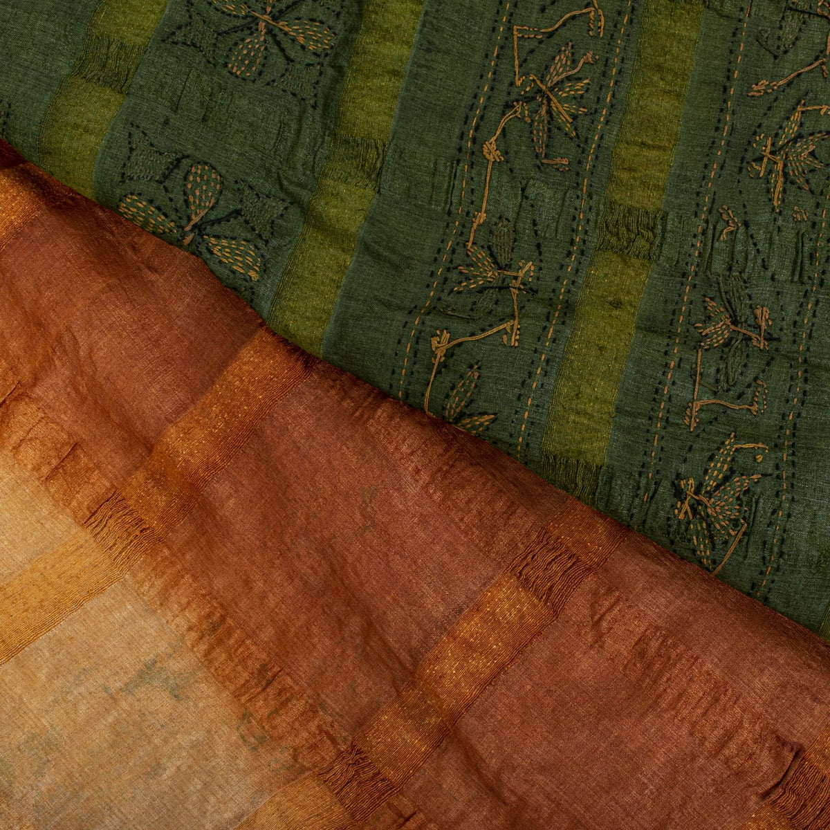 Sanskriti Vintage Hand Embroidery Kantha-Woven Pure Silk Saree Orange-Green Sari
